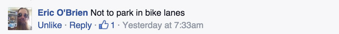 Facebook post by cyclist saying not to park in bike lanes