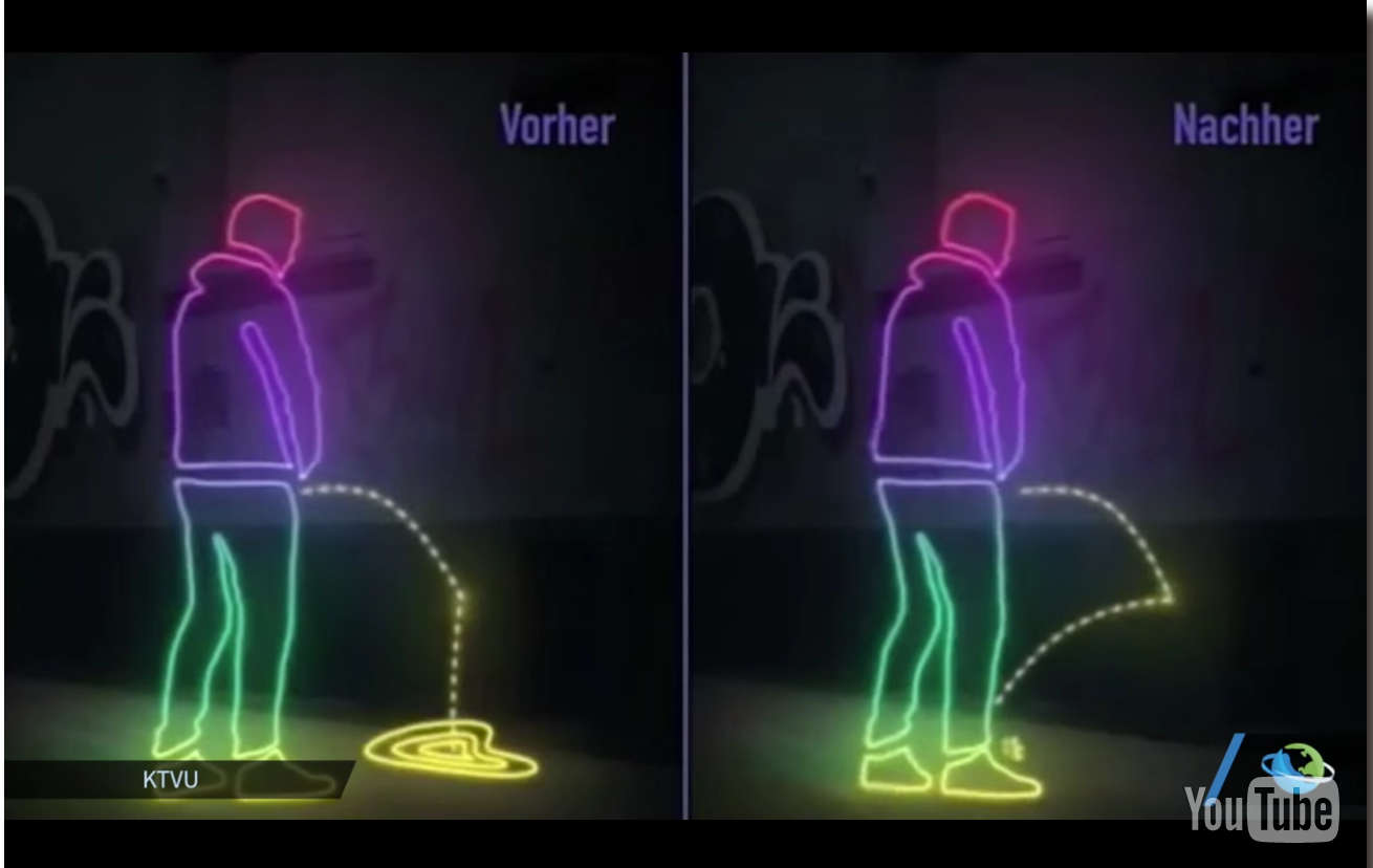 Picture showing man peeing and lighting up because of the pee-proof paint